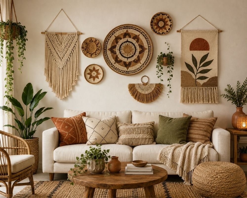 Bohemian interior with woven wall hanging