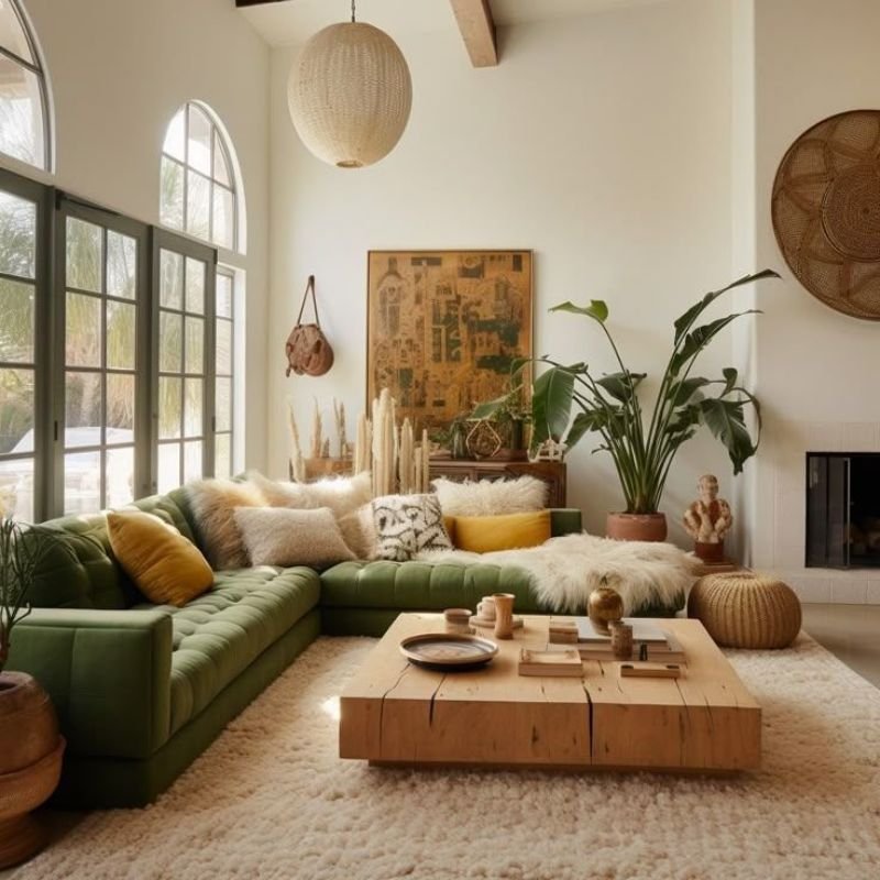 bohemian interior design style with plants and textures