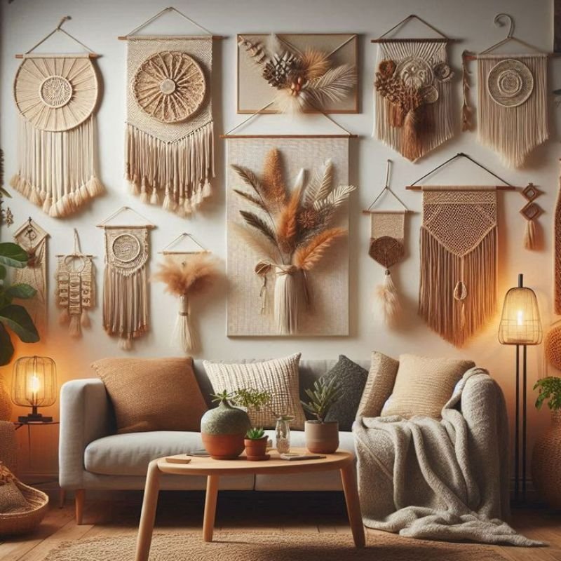 bohemian wall decor for living room with woven wall hangings
