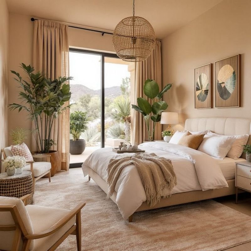 Bedroom tan color scheme enhanced by green indoor plants