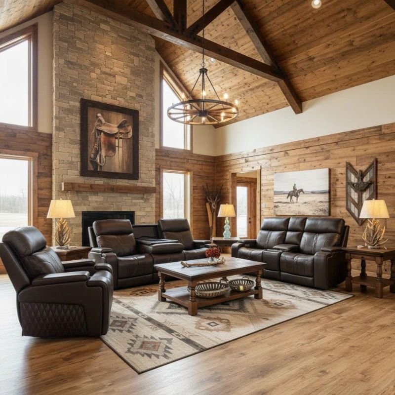 Beautiful country home decor design with rustic furniture and cozy farmhouse accents