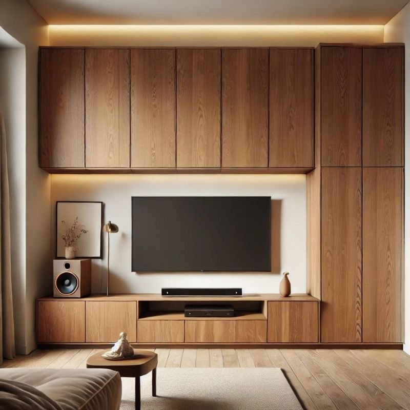 Built in living room cabinets maximizing wall storage space