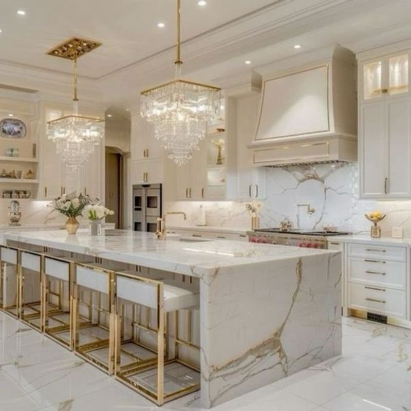 Classic luxury kitchen featuring elegant cabinetry and gold hardware accents