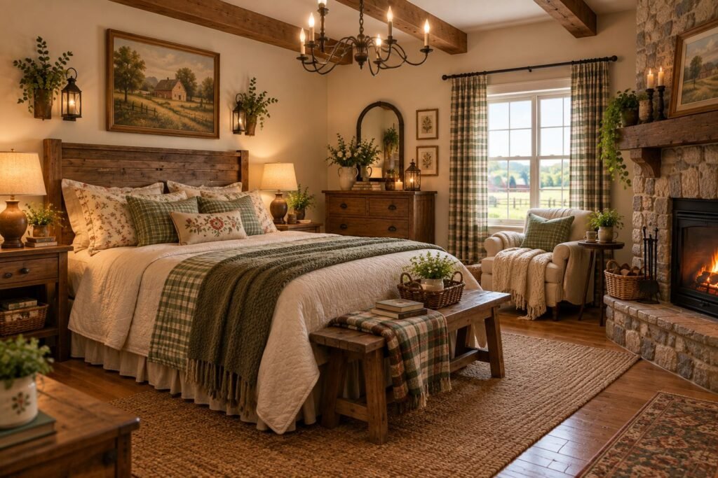 cozy country bedroom with soft neutral decor