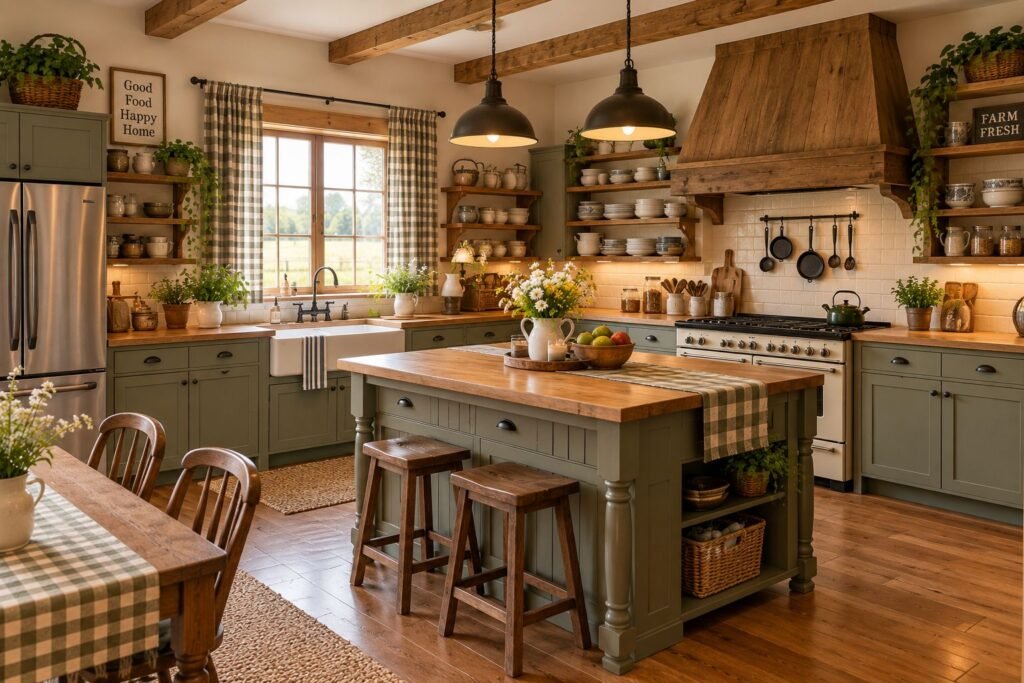 country kitchen with wooden and natural decor