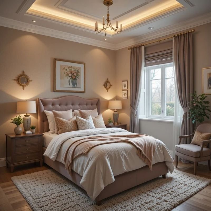 Warm bedroom tan design with soft bedding and natural light