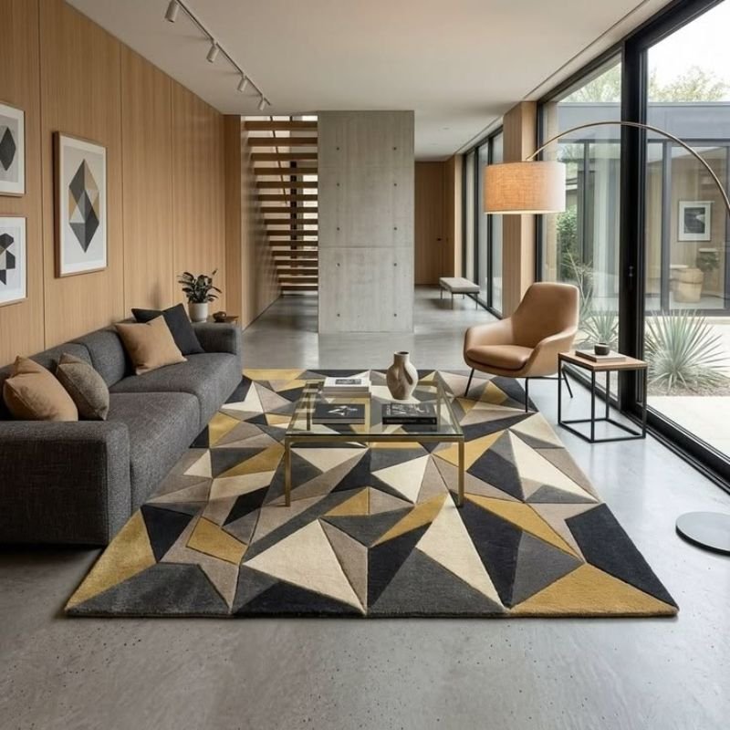 Modern living room rug ideas featuring geometric patterns and neutral colors