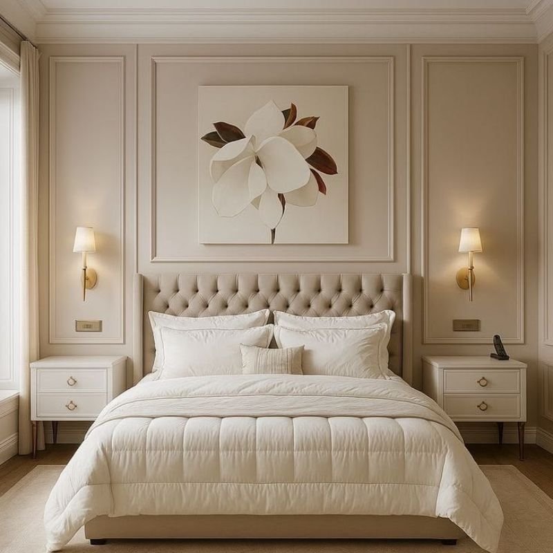Dark tan accent wall adding luxury to a modern bedroom
