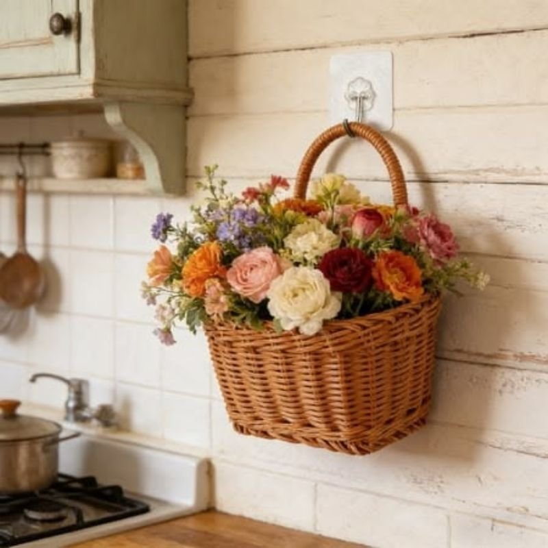 Country home decor accessories including mason jars, woven baskets, and dried flowers