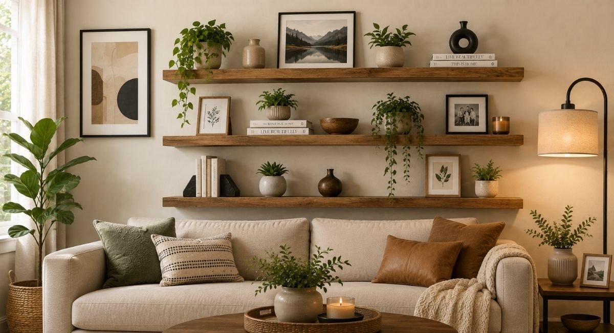 Floating wooden shelves for living room wall decor