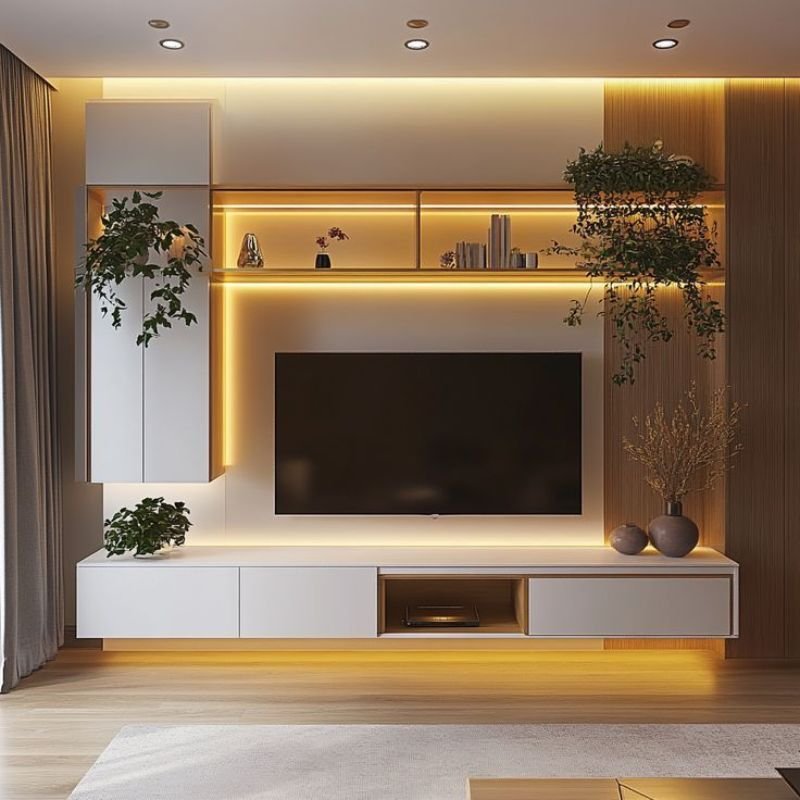 Floating wall cabinets in a modern minimalist living room