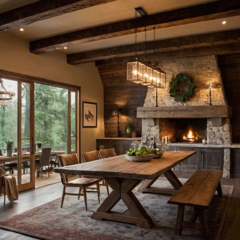 Rustic country home decor furniture including reclaimed wood table and vintage cabinet