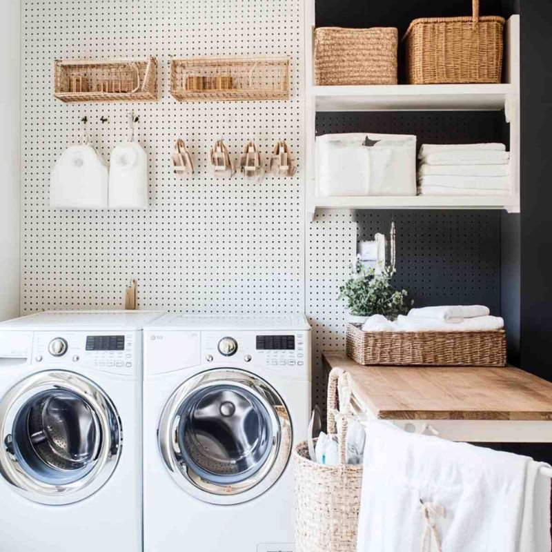 Laundry Room Pegboard and Wall Hooks Storage Solution