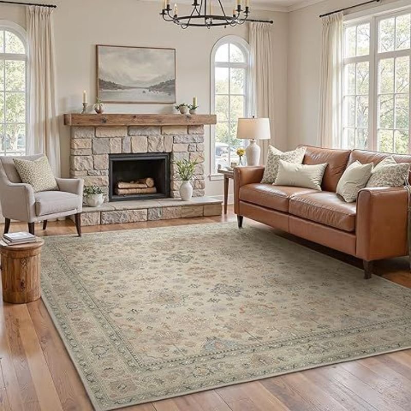 Living room rug size guide showing 5x8 8x10 and 9x12 rug layouts