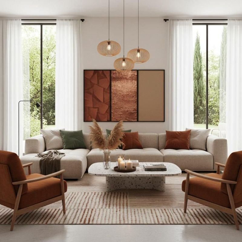 Styled living room set with rug coffee table and decorative pillows
