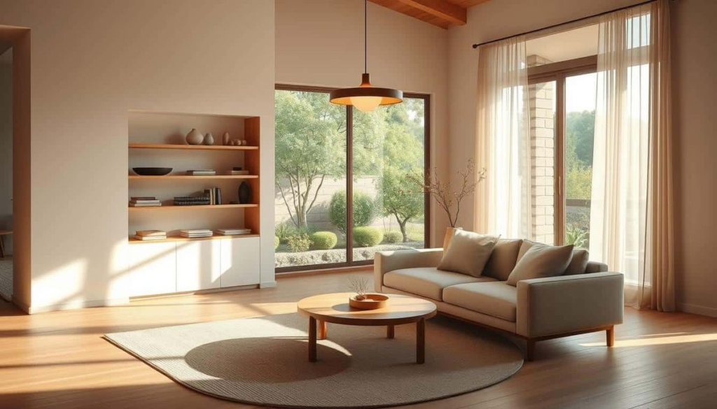 Japandi living room with low profile sofa wooden coffee table and natural rug