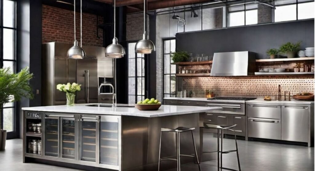 Industrial chic luxury kitchen with exposed brick walls and steel finishes