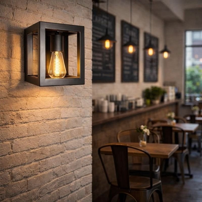 Industrial wall lamp with exposed Edison bulb in living room