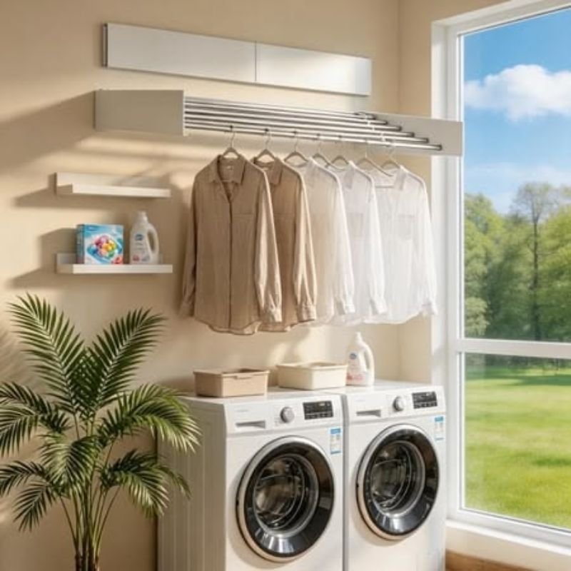 Wall Mounted Drying Rack in Small Laundry Room