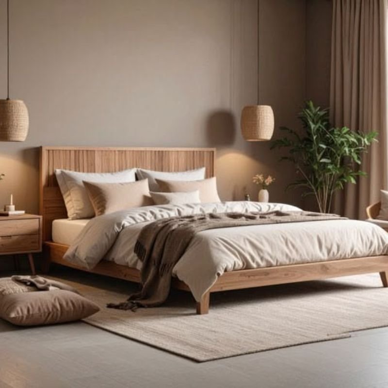 Japandi bedroom with wooden platform bed and neutral linen bedding