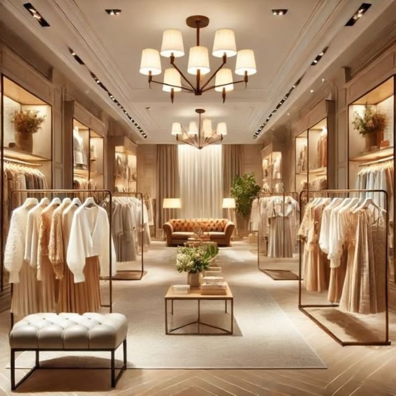 Commercial space showing lighting, furniture, and branding elements