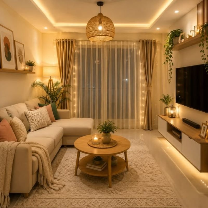 layered lighting design for a cozy small apartment living room