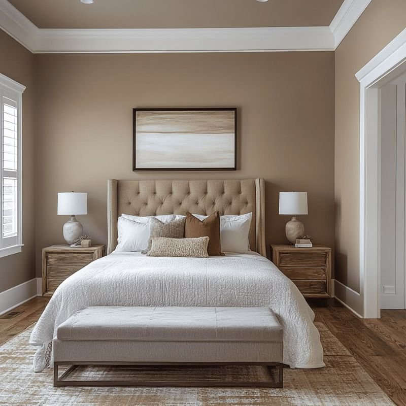 Light tan bedroom with white furniture and airy interior design