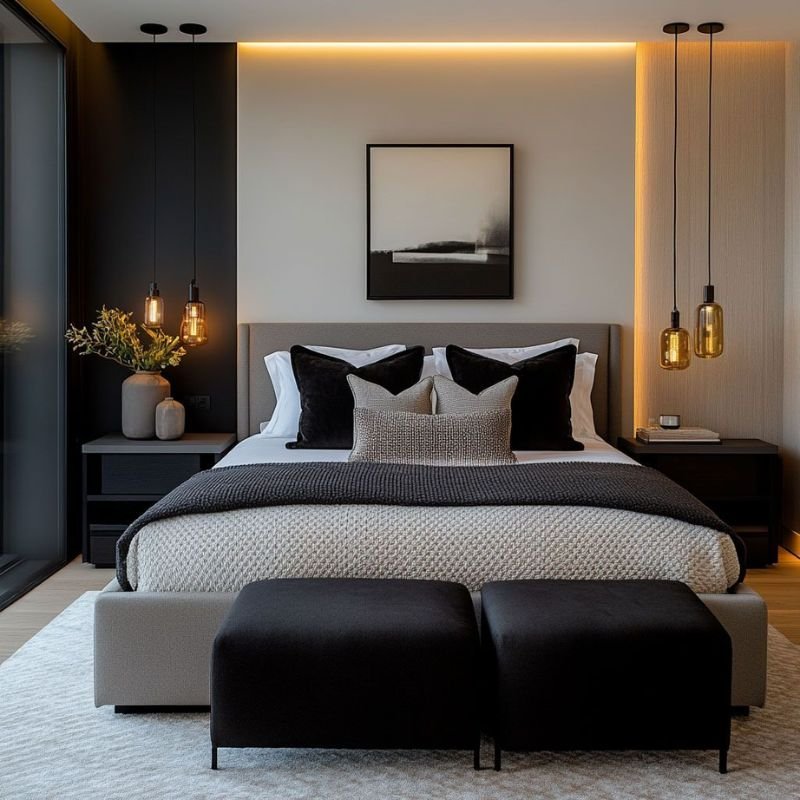 Black bedroom lighting ideas with pendant lights, bedside lamps, and LED strips