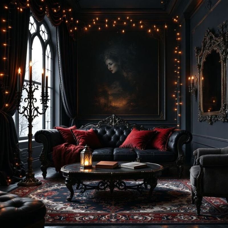 goth home decorating with chandeliers and candle lighting