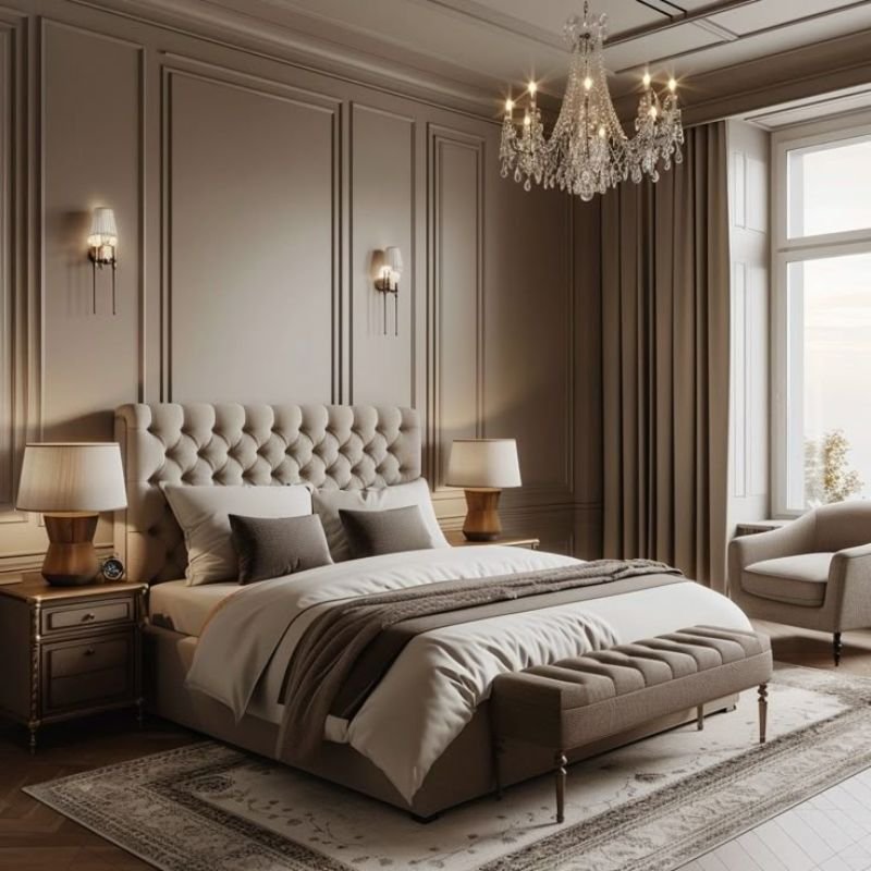 Medium tan bedroom featuring wooden furniture and cozy accents