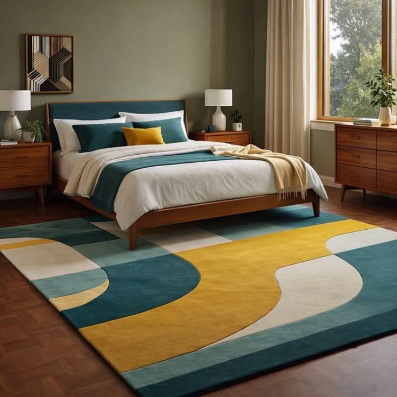 Mid century bedroom color palette with mustard yellow, teal blue, and warm beige tones