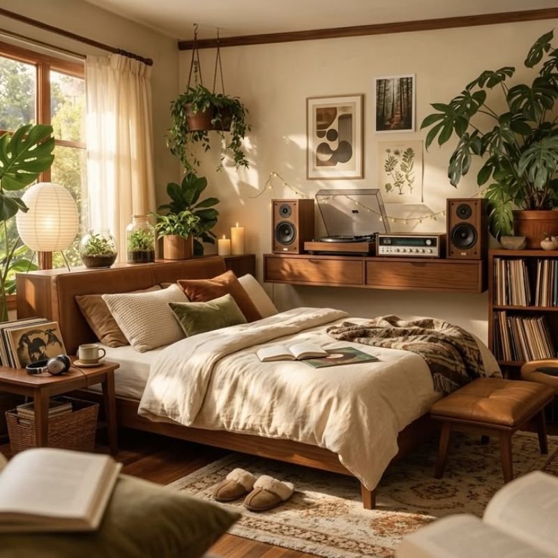 Indoor plants in bedroom decor decor with indoor plants, globe pendant lights, and abstract wall art