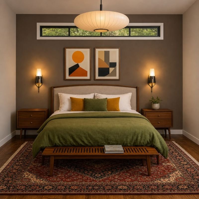 Budget-friendly Indoor plants in bedroom decor design with vintage furniture and geometric rug