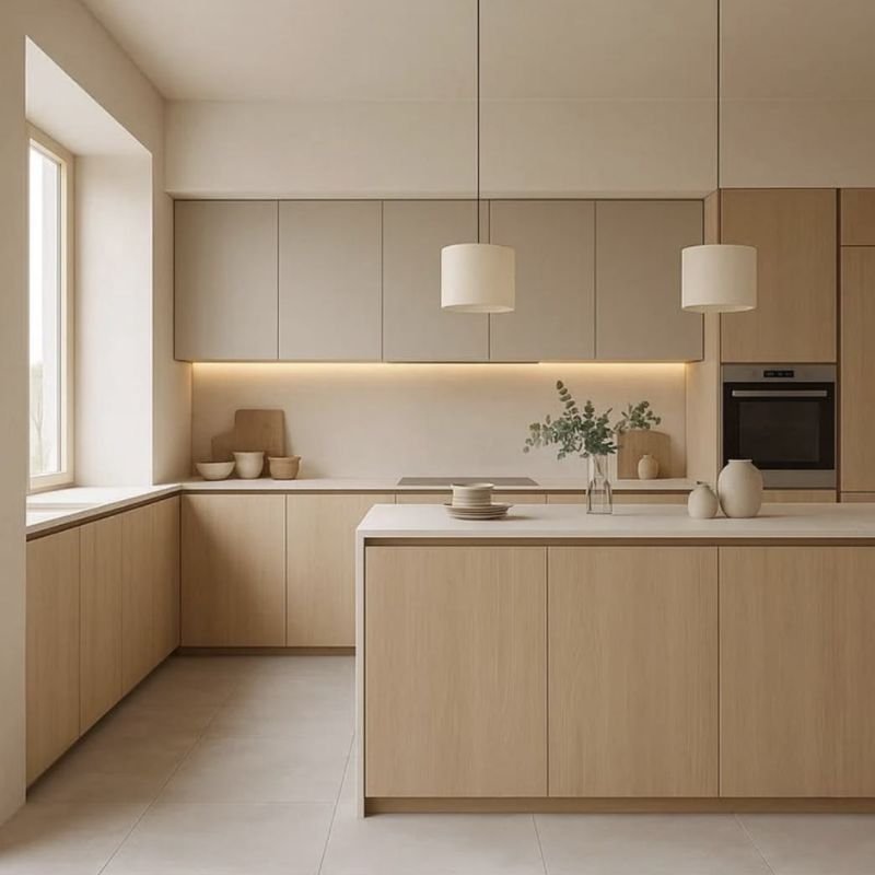 Japandi kitchen design with wooden cabinets and clean countertops