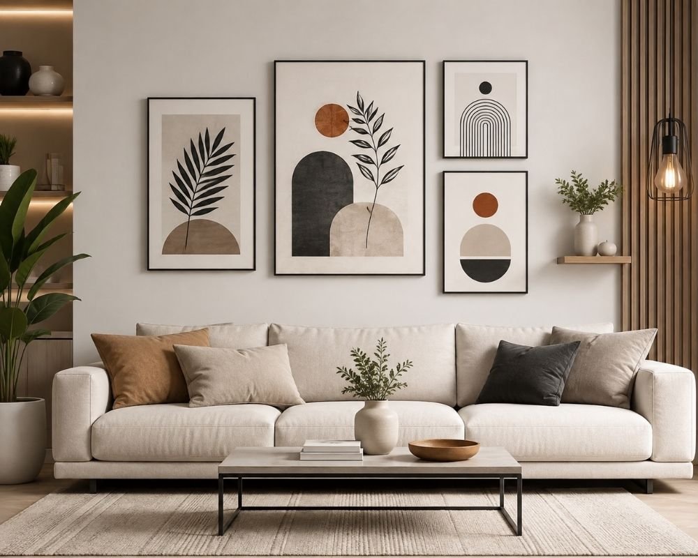 Modern minimalist room with abstract artwork