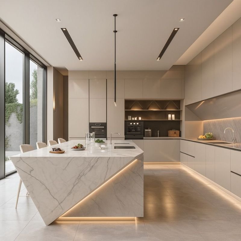 Modern minimalist luxury kitchen with sleek white cabinetry and hidden appliances