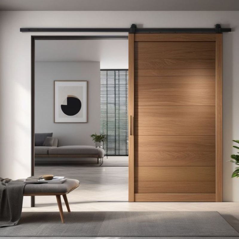 Modern barn door design in stylish living room interior