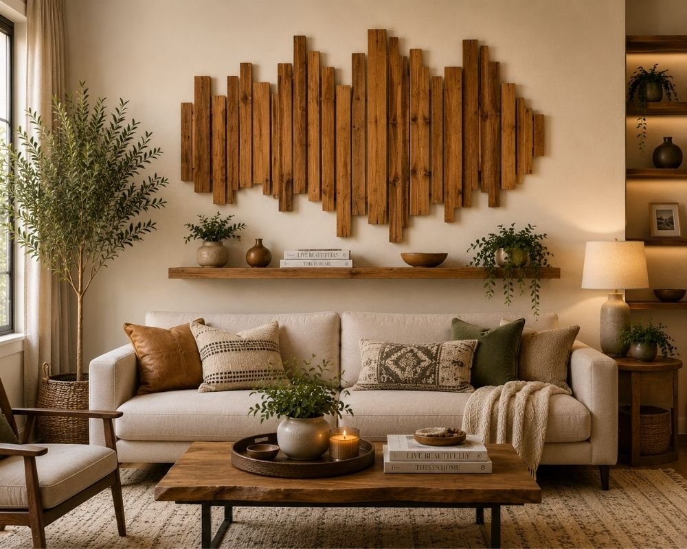 Natural wood wall decor for living room