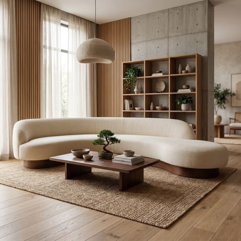 Natural materials in Japandi design including wood bamboo and linen