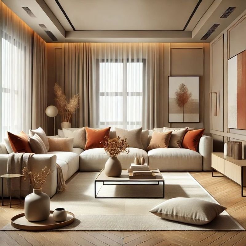 Japandi color palette featuring warm white beige and earthy tones