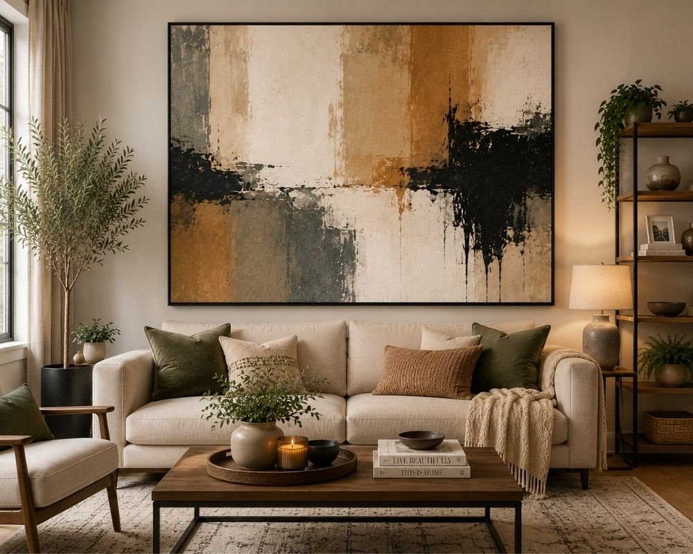 Oversized statement artwork for living room wall