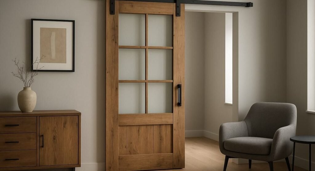 Rustic farmhouse barn door with black metal hardware