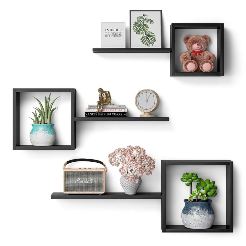 floating shelves and 3D wall decor for living room walls