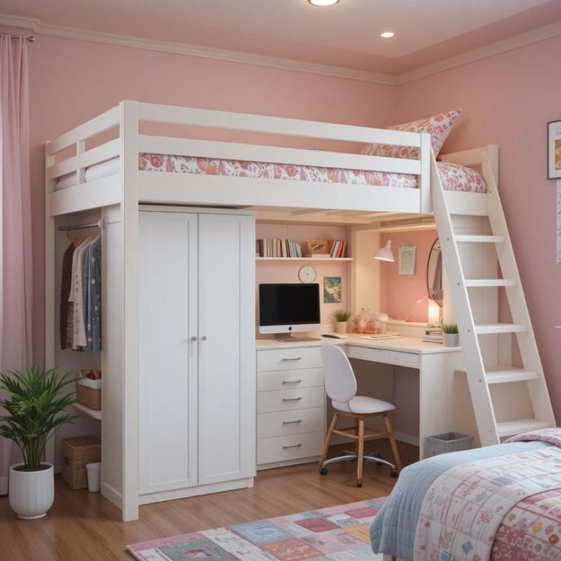 Space saving teen bedroom furniture with loft bed and desk