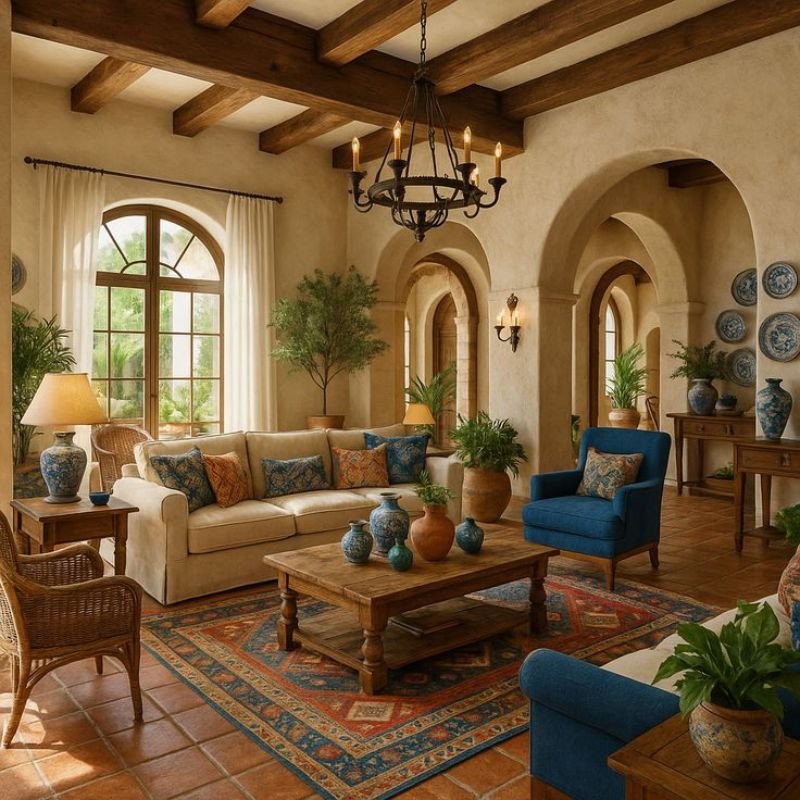 Traditional Spanish living room design with terracotta walls and wooden furniture
