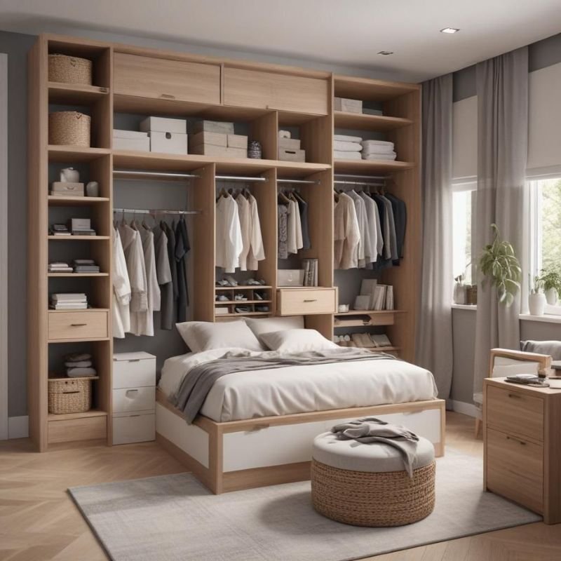 Dresser, wardrobe, shelves, and under-bed storage.