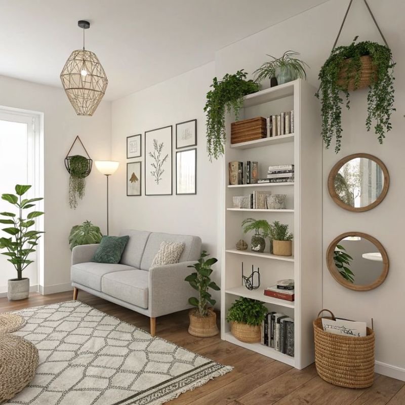 Stylishly decorated living room cabinet with books and plants