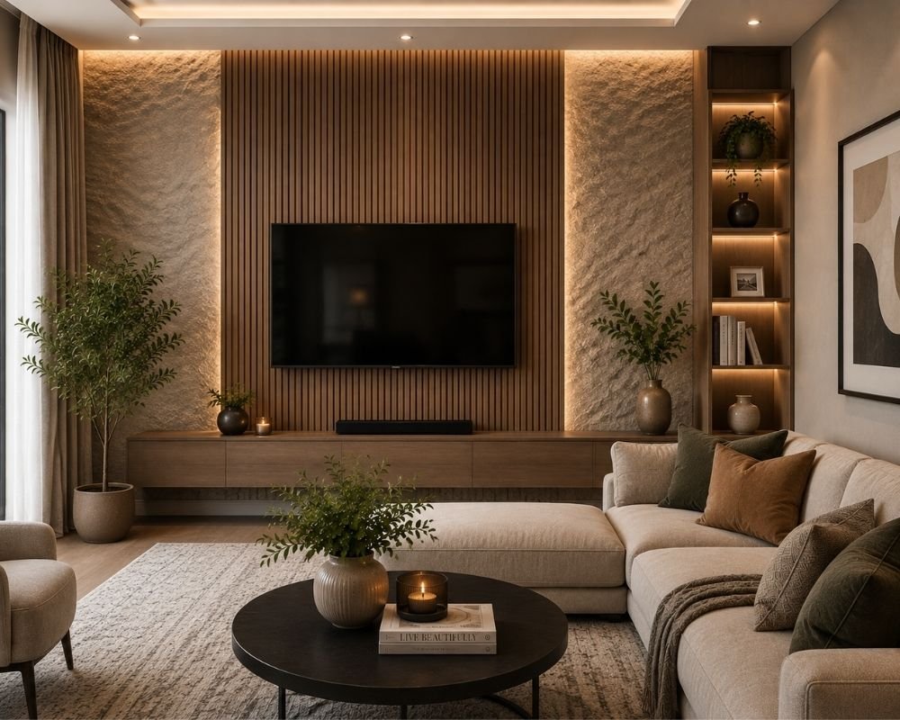 Textured wall panels in a contemporary interior