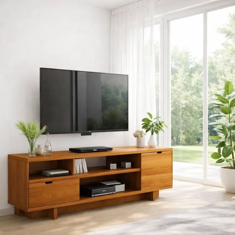 Modern media storage cabinet with TV stand and organized entertainment setup