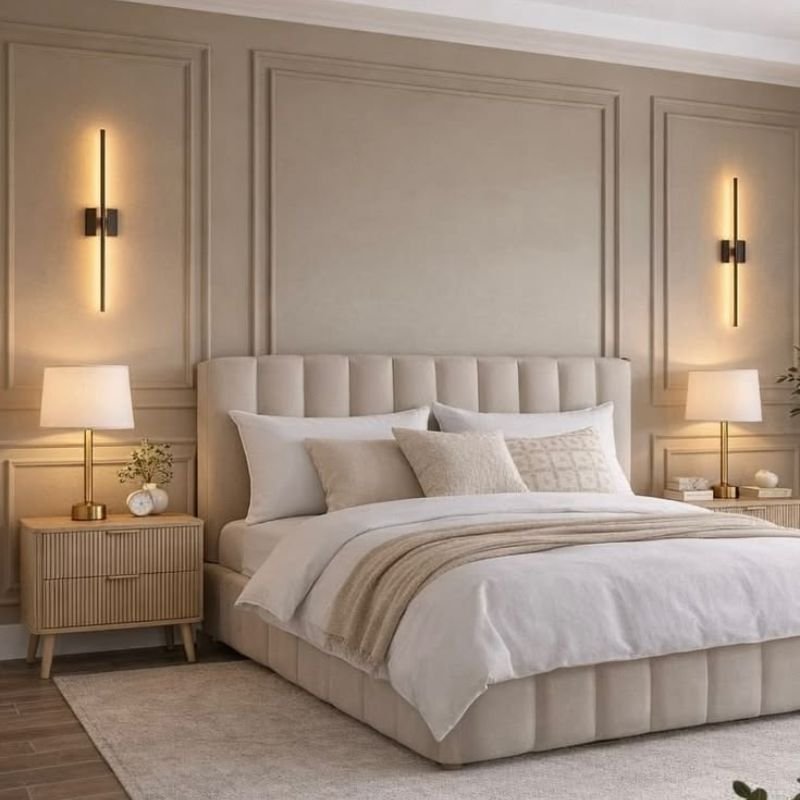 Bedroom tan decor with linen bedding, knit throw, and textured cushions
